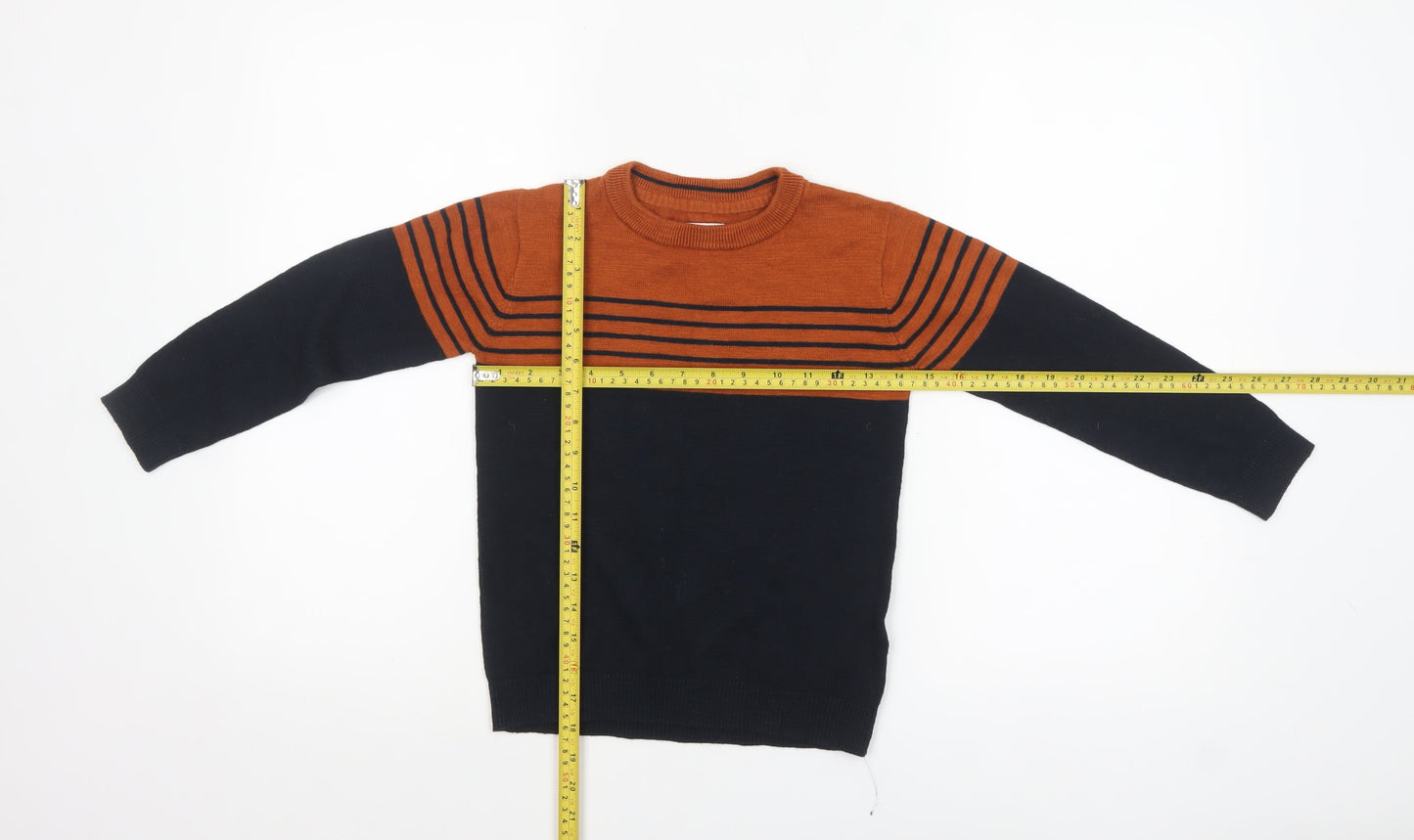 FatFace Boys Navy & Rust Striped Jumper Crew Neck 6-7 Years Cotton Wool