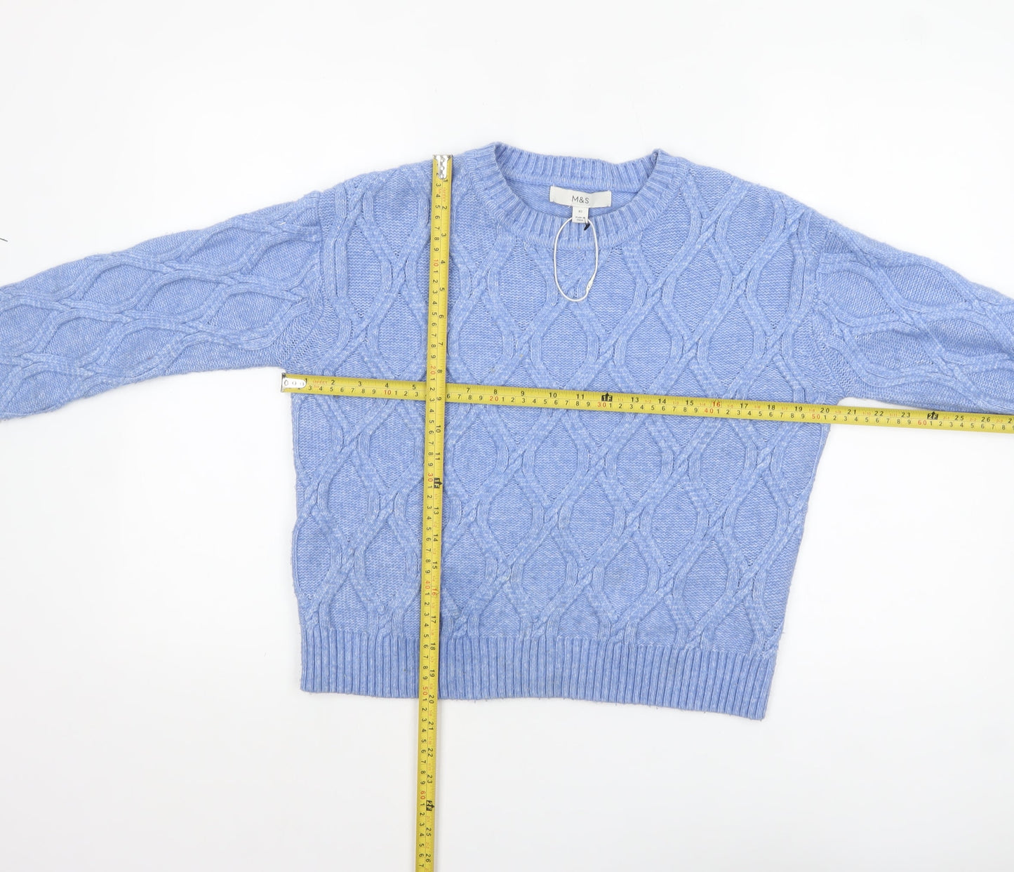 Marks & Spencer Womens Blue Cable Knit Jumper XS Crew Neck Pullover