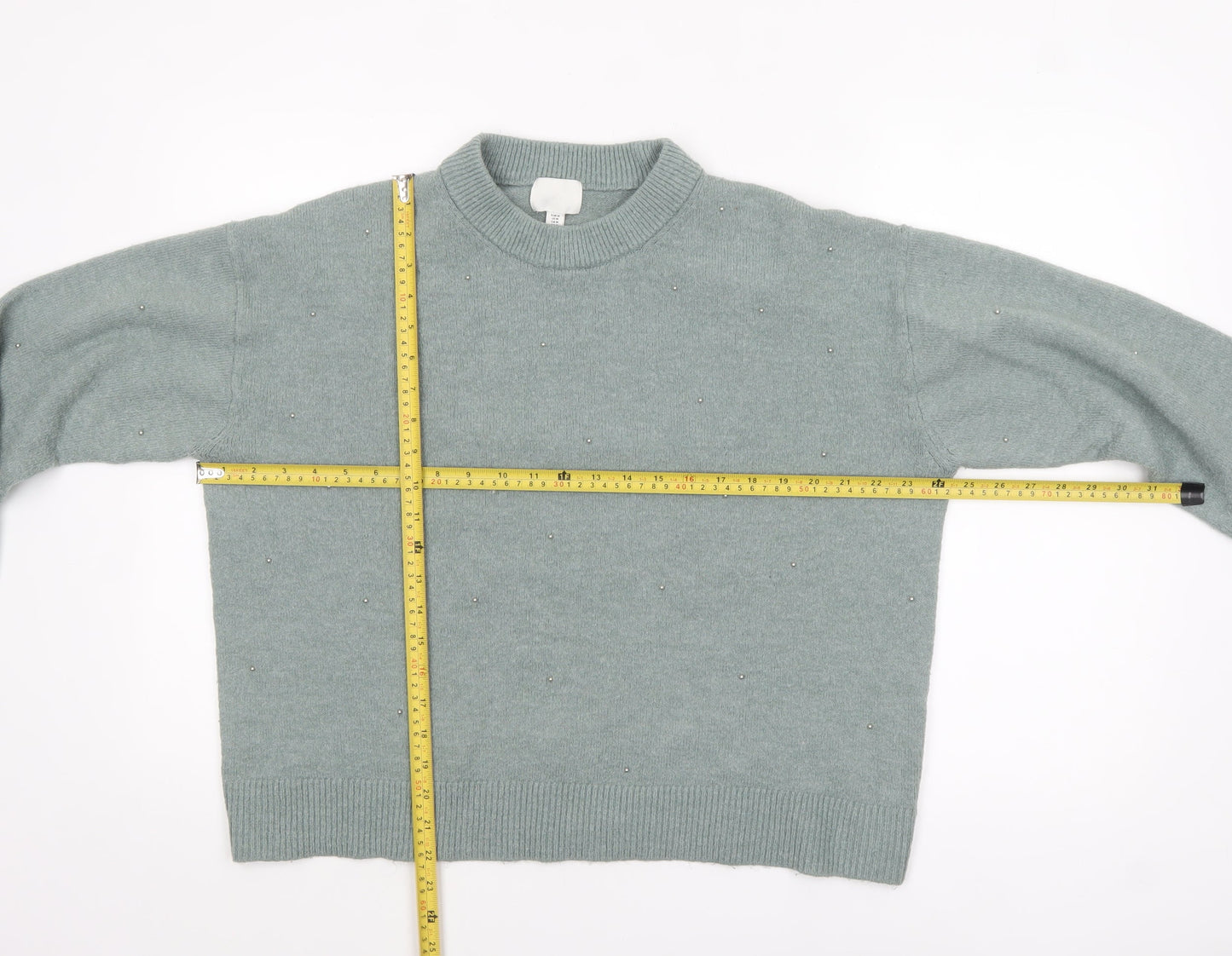 H&M Women’s Green Beaded Mock Neck Pullover Jumper Size 12