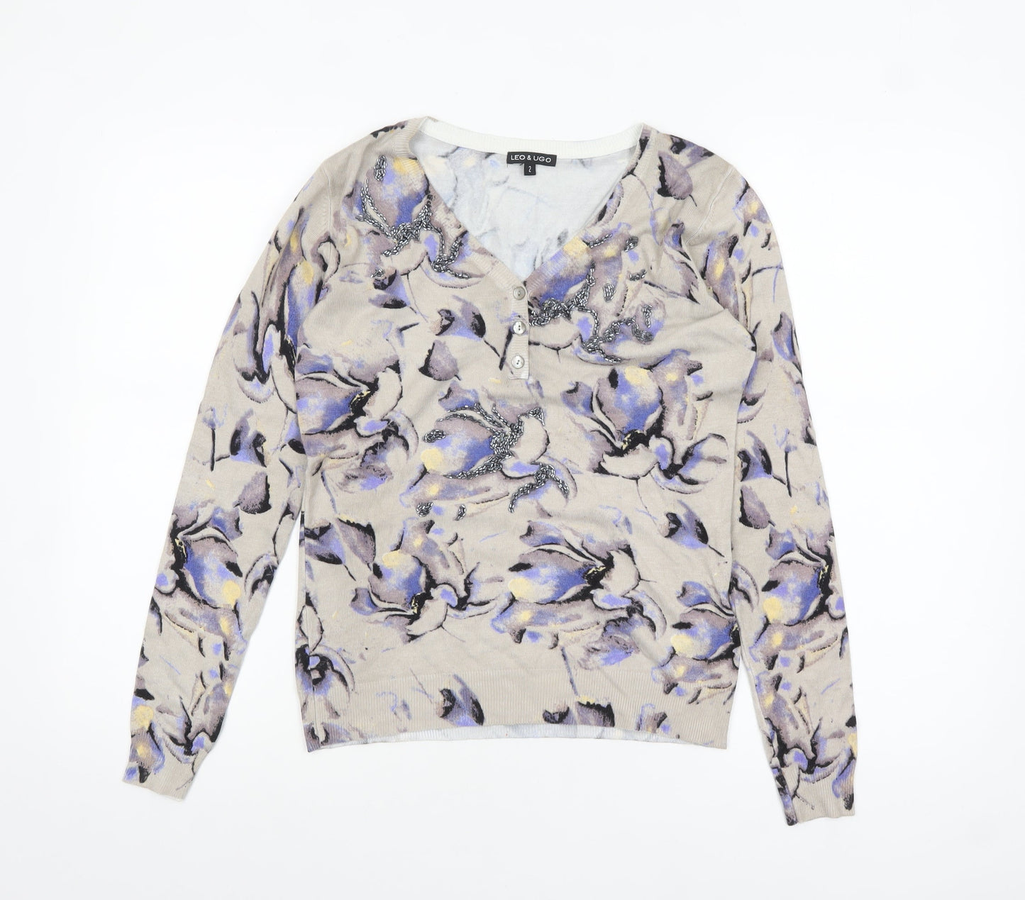 Leo & Ugo Women Beige Floral V-Neck Henley Knit Jumper M