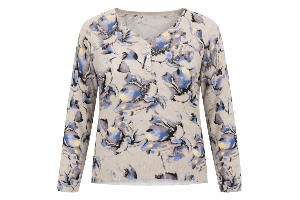 Leo & Ugo Women Beige Floral V-Neck Henley Knit Jumper M