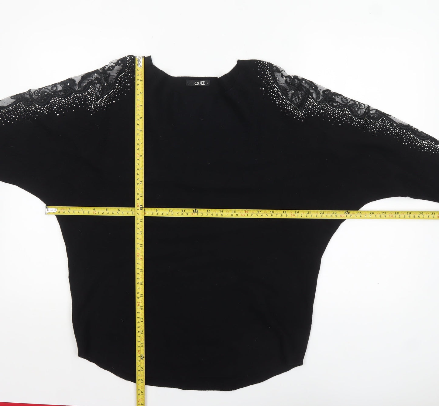 Quiz Women Black Embellished Lace Sleeve Boat Neck Jumper M