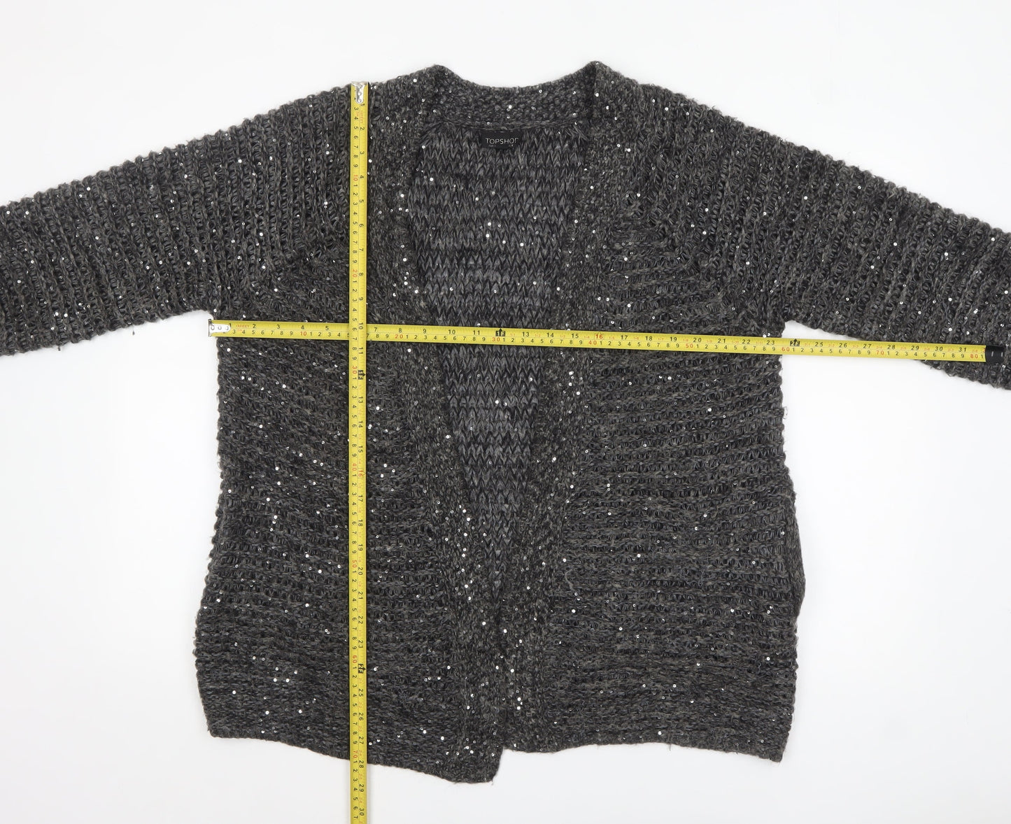 Topshop Women Grey Sequin Chunky-Knit Cardigan Size 8