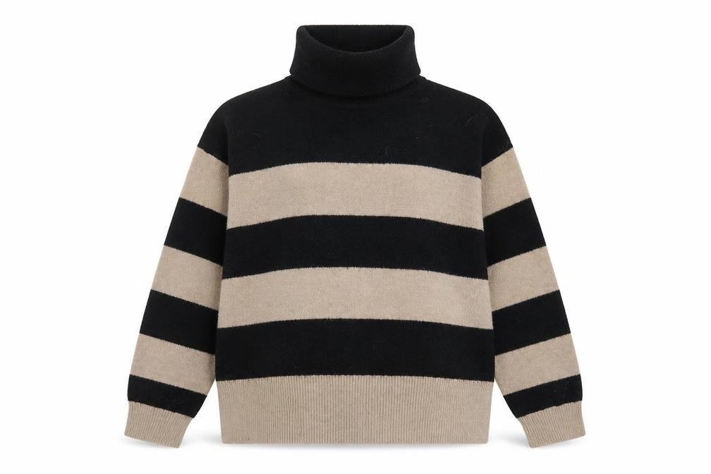 New Look Women's Black & Beige Striped Roll Neck Jumper Size L