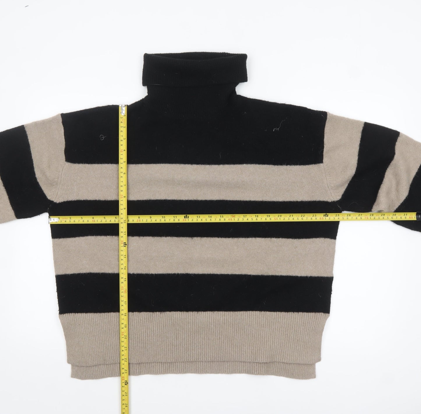 New Look Women's Black & Beige Striped Roll Neck Jumper Size L