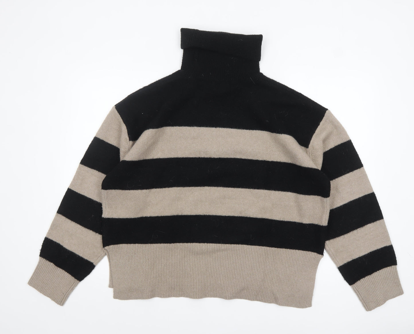 New Look Women's Black & Beige Striped Roll Neck Jumper Size L