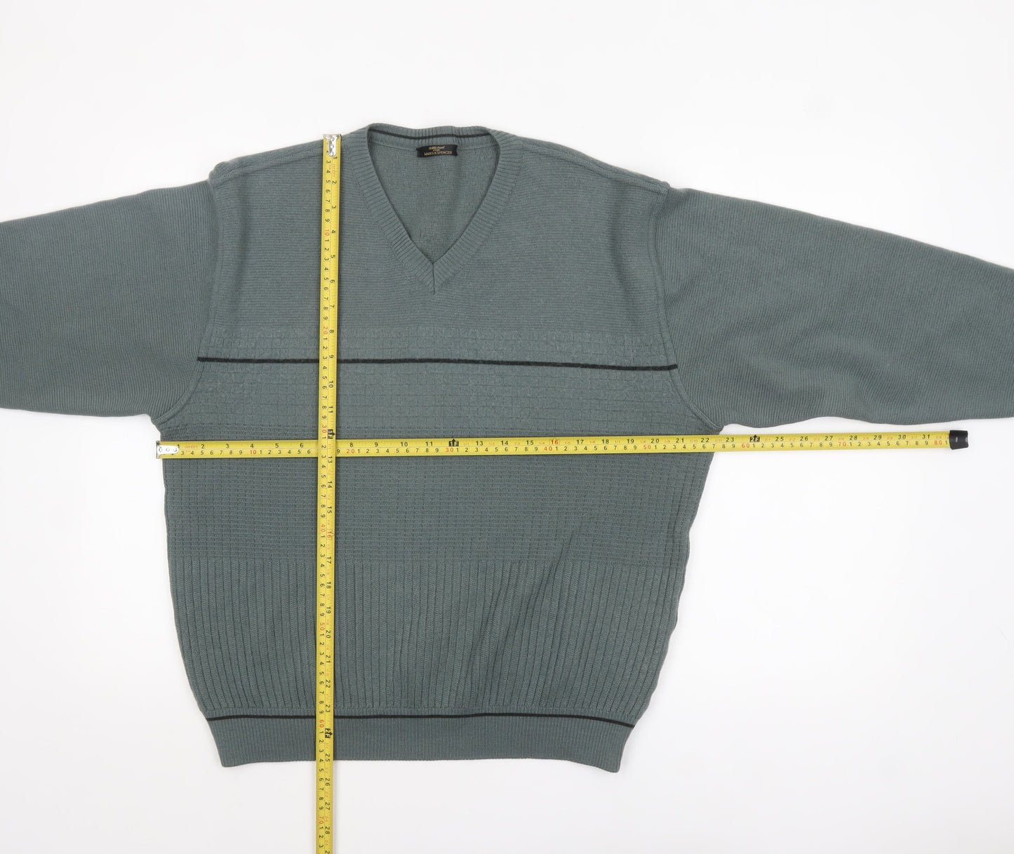 Marks and Spencer Men’s Green V-Neck Wool Blend Pullover Jumper L