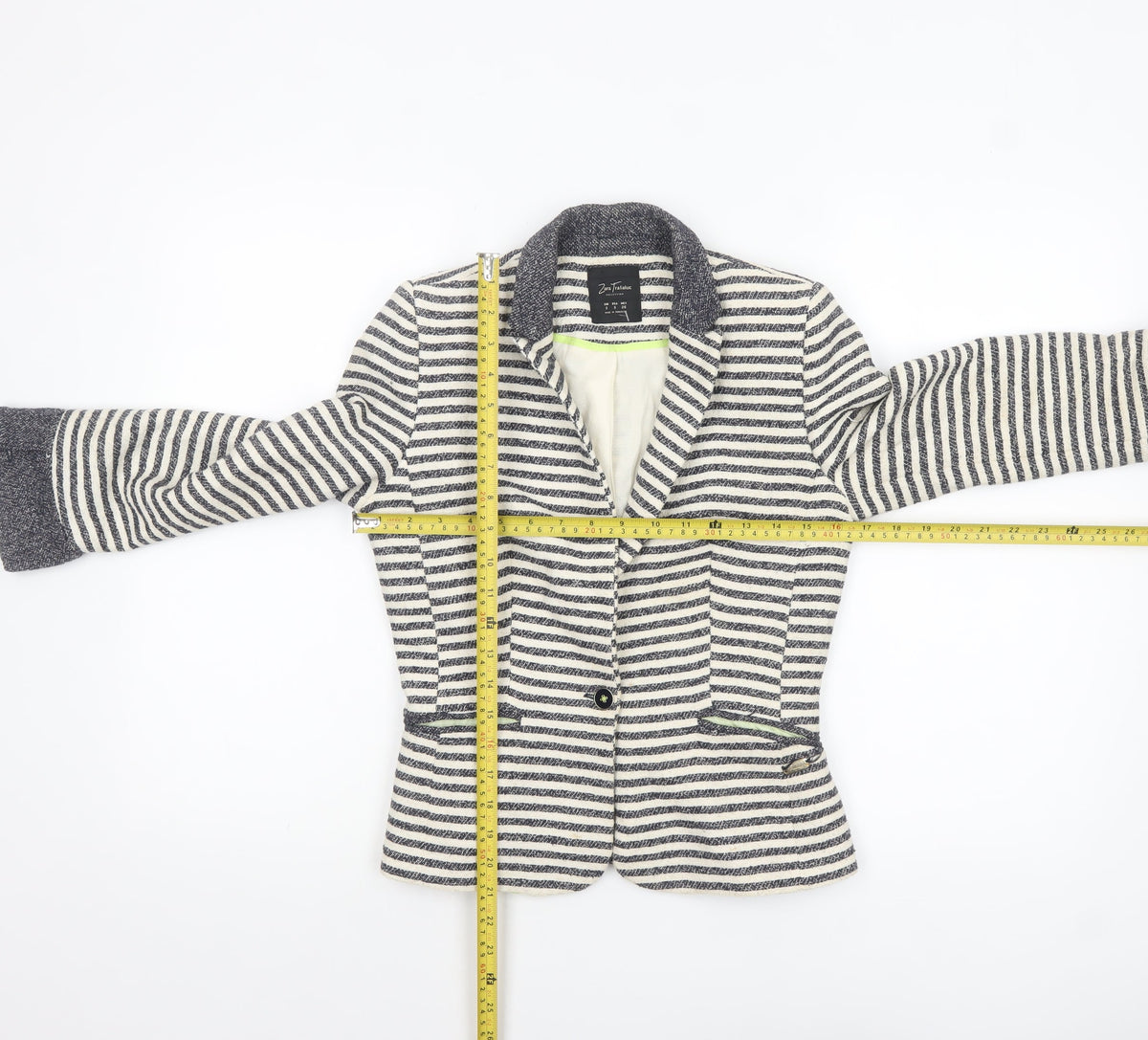 Zara Trafaluc Women’s Navy Striped Bouclé Blazer Size S Single-Breasted