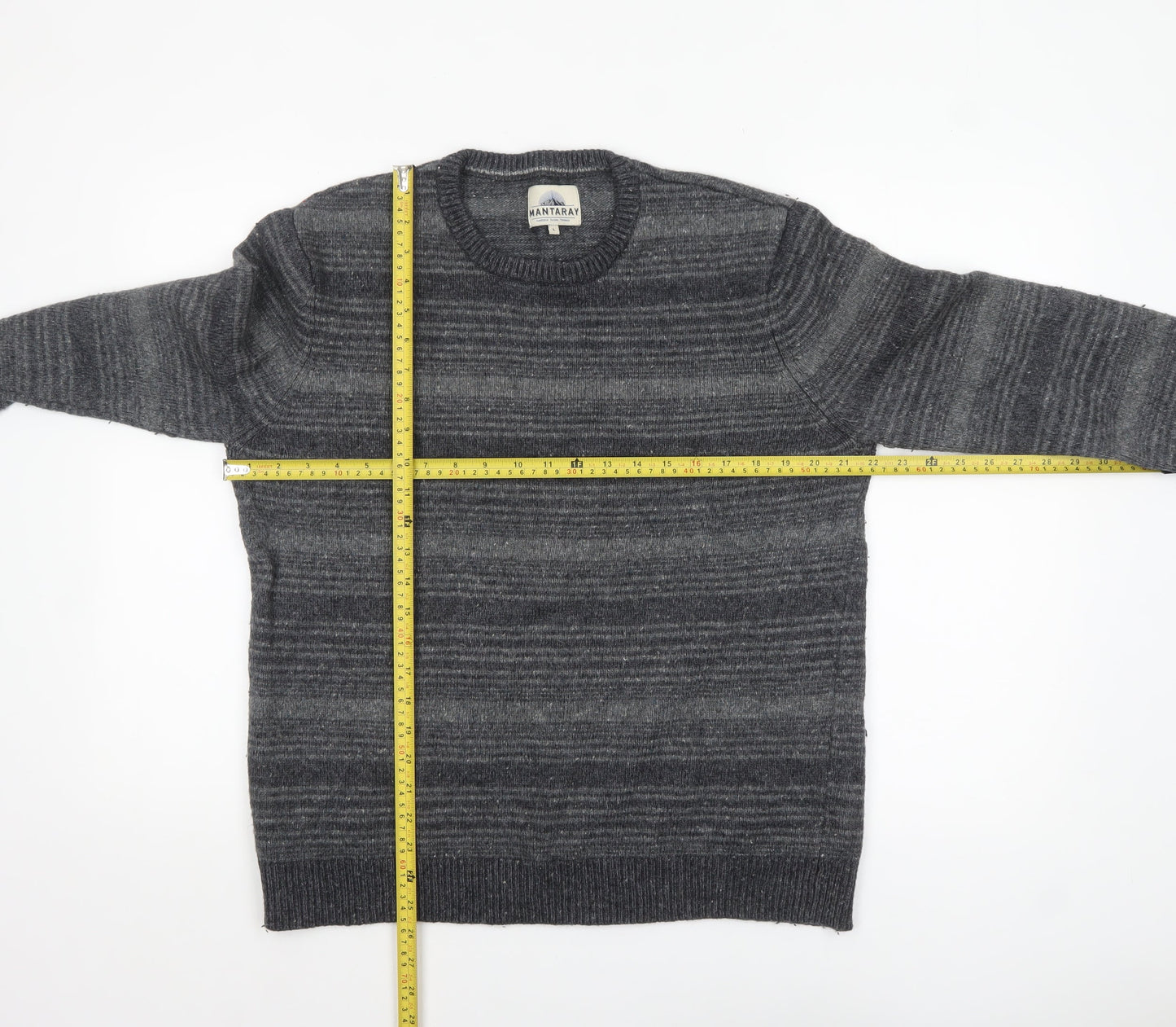 Mantaray Men's Grey Striped Wool Blend Crew Neck Jumper Size L