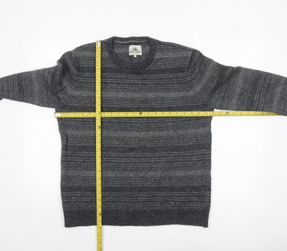 Back view of Mantaray Men's Grey Striped Wool Blend Crew Neck Jumper, size L