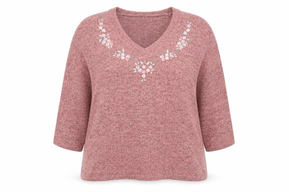 Damart Women Pink Medium 14/16 Embroidered V-Neck 3/4 Sleeve Jumper