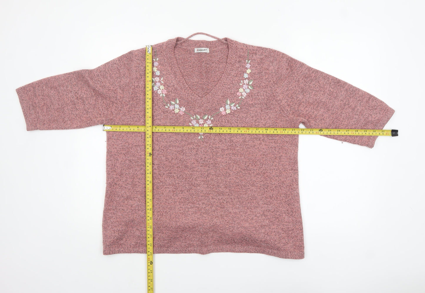 Damart Women Pink Medium 14/16 Embroidered V-Neck 3/4 Sleeve Jumper