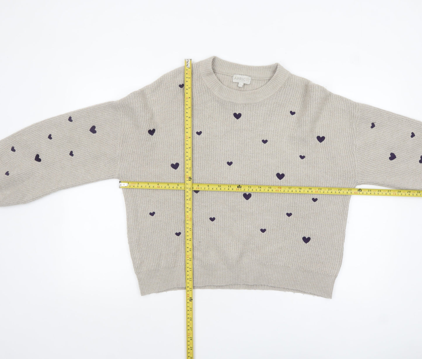 Apricot Womens Beige Heart Print Crew Neck Knit Jumper Size 12