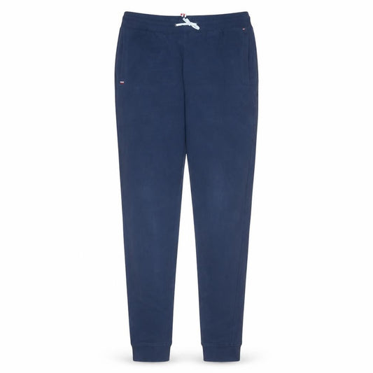 Front view of Tommy Hilfiger boys’ blue jogger trousers, size 176, elastic waist logo