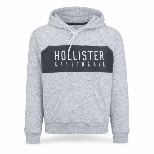Hollister Men’s Grey Pullover Hoodie L Logo Print Fleece Sweatshirt