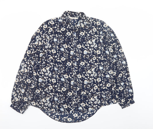 Tu Women Blue Floral Button Blouse Size 14 Long Sleeve Polyester