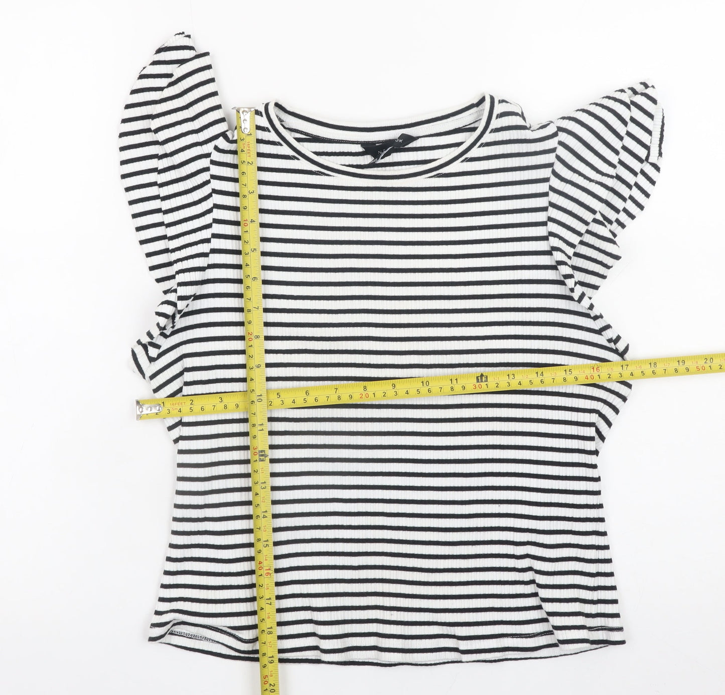 New Look Women's Black Striped Flutter Sleeve Cotton T-Shirt Size 18