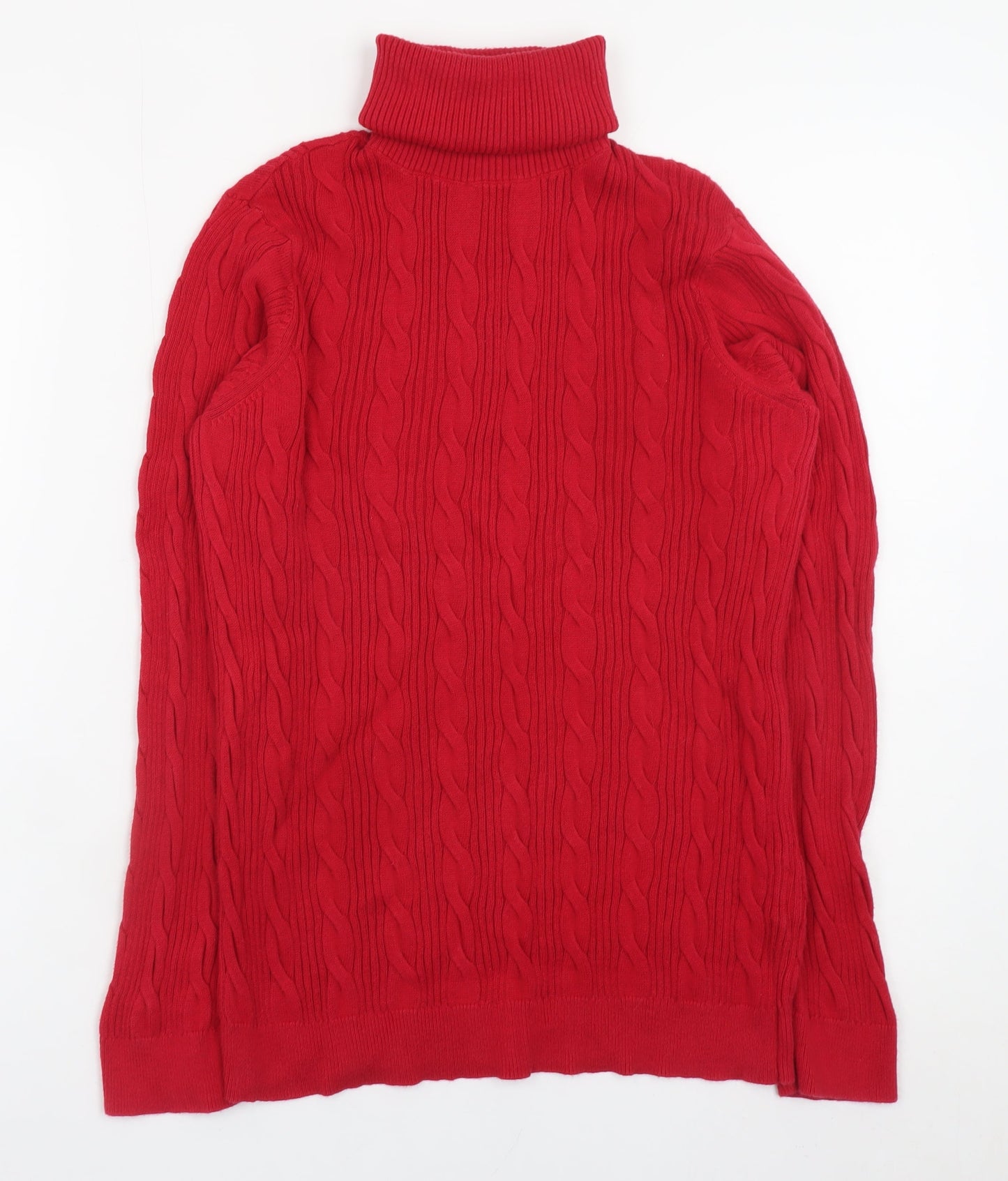 Lands' End Women's Red Roll Neck Cable-Knit Cotton Jumper Size M