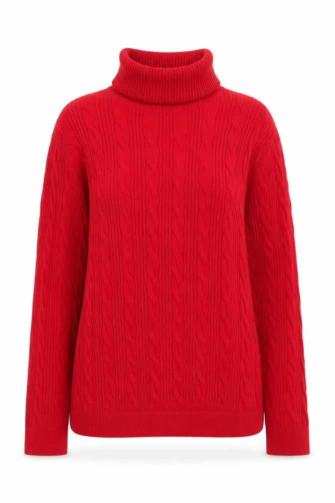 Lands' End Women's Red Roll Neck Cable-Knit Cotton Jumper Size M