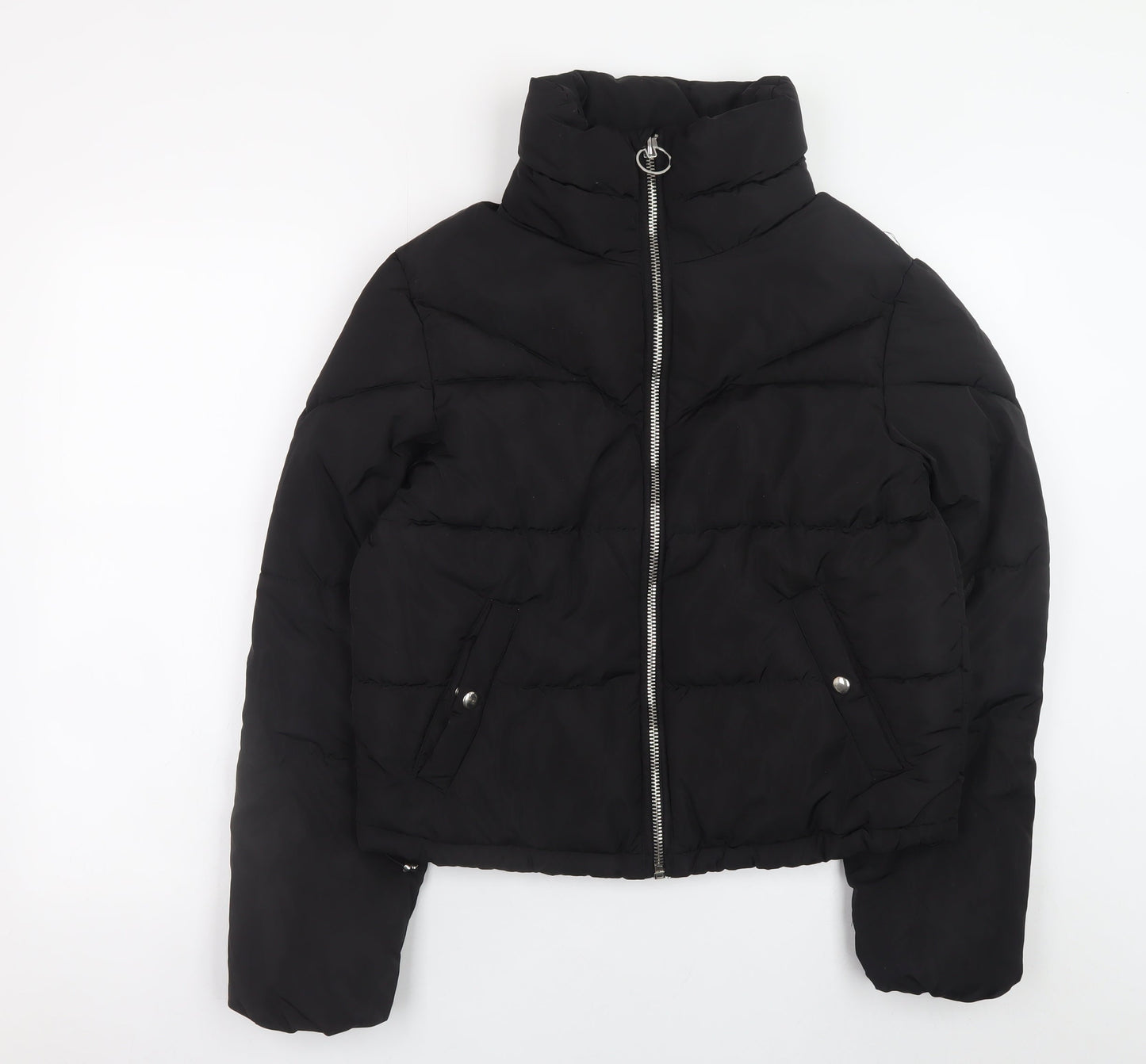 Bershka Women Black Short Puffer Jacket Size S Zip Quilted Winter Coat