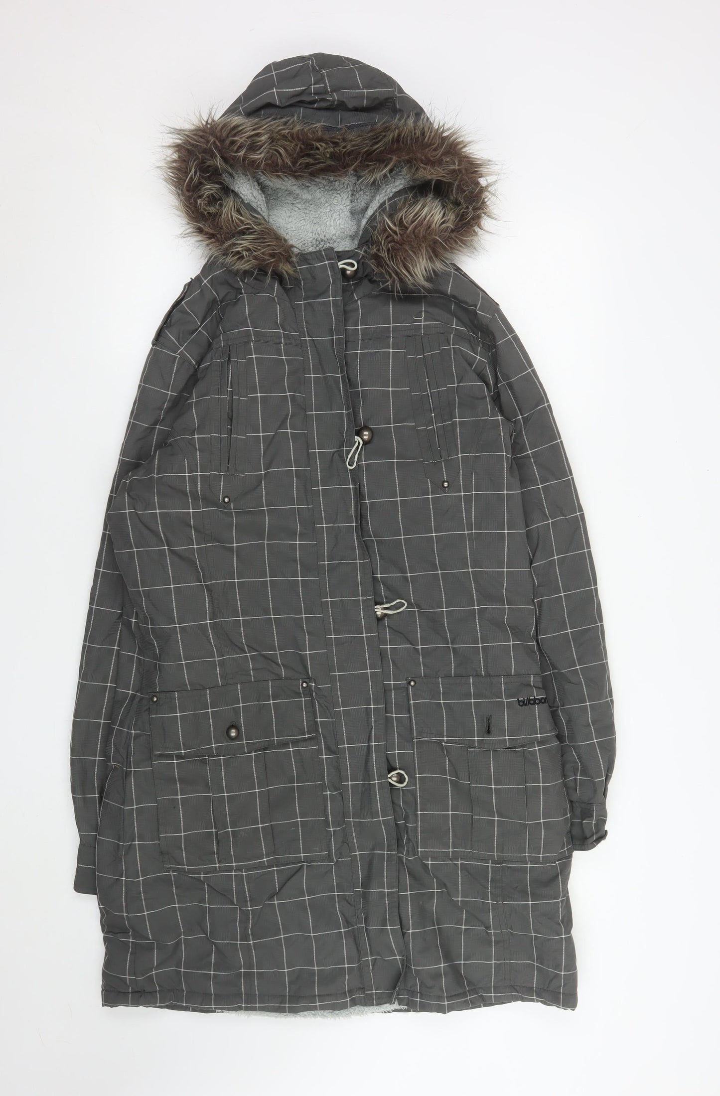Billabong Womens Grey Checked Faux Fur Hooded Long Parka Coat L