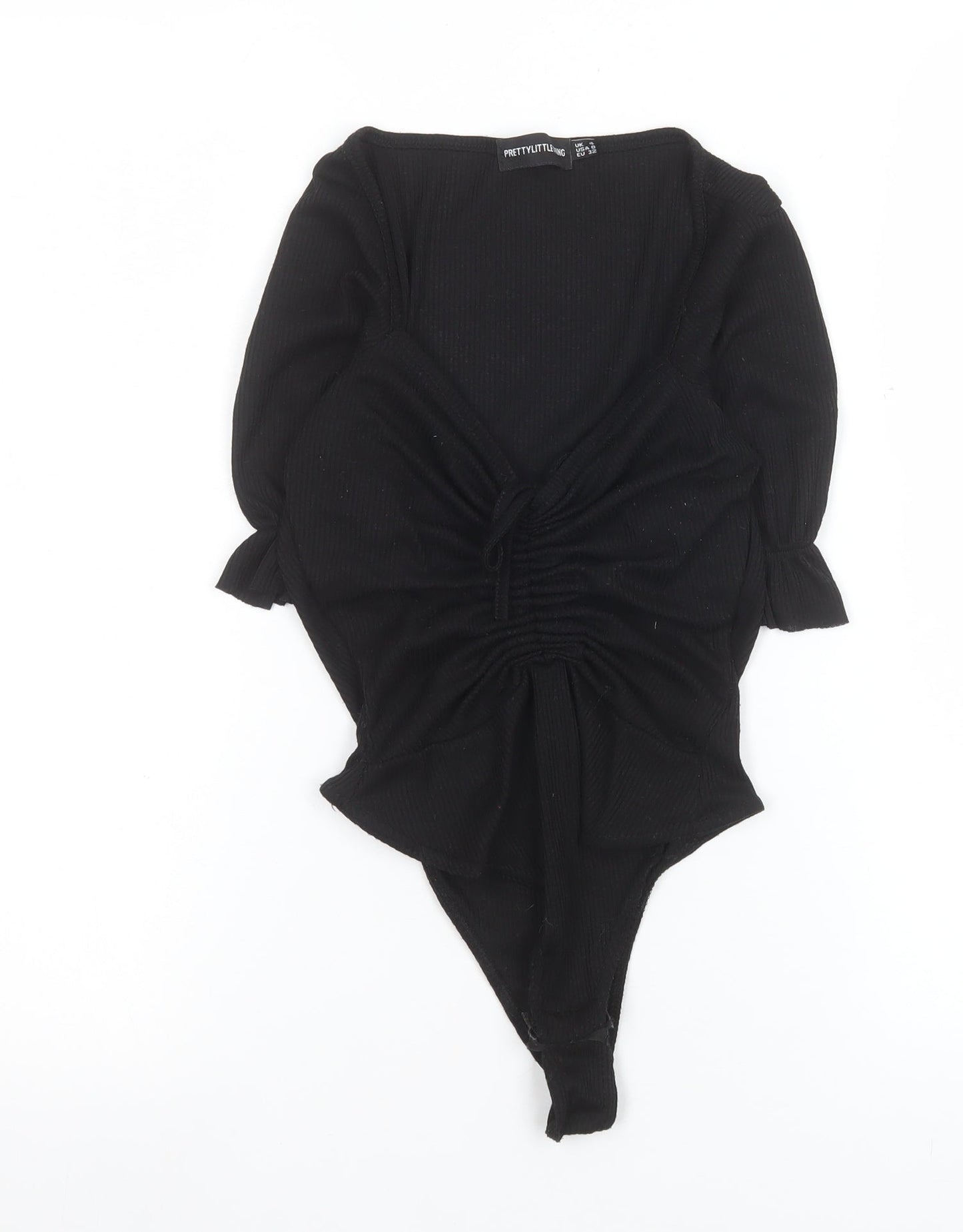 PrettyLittleThing Womens Black Bodysuit Size 4 Ruched Puff Sleeve