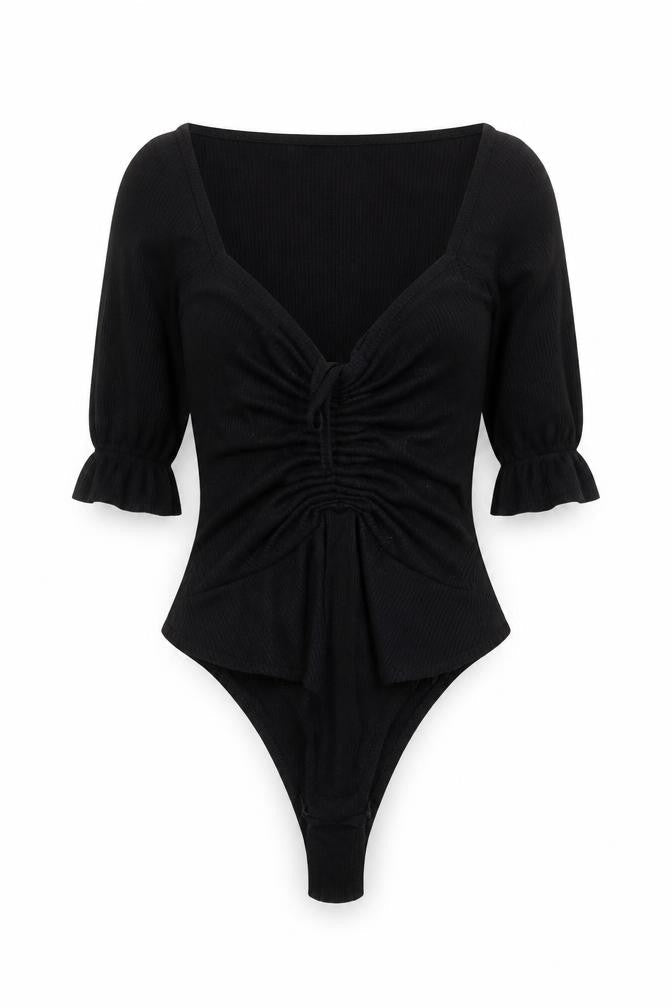 PrettyLittleThing Womens Black Bodysuit Size 4 Ruched Puff Sleeve