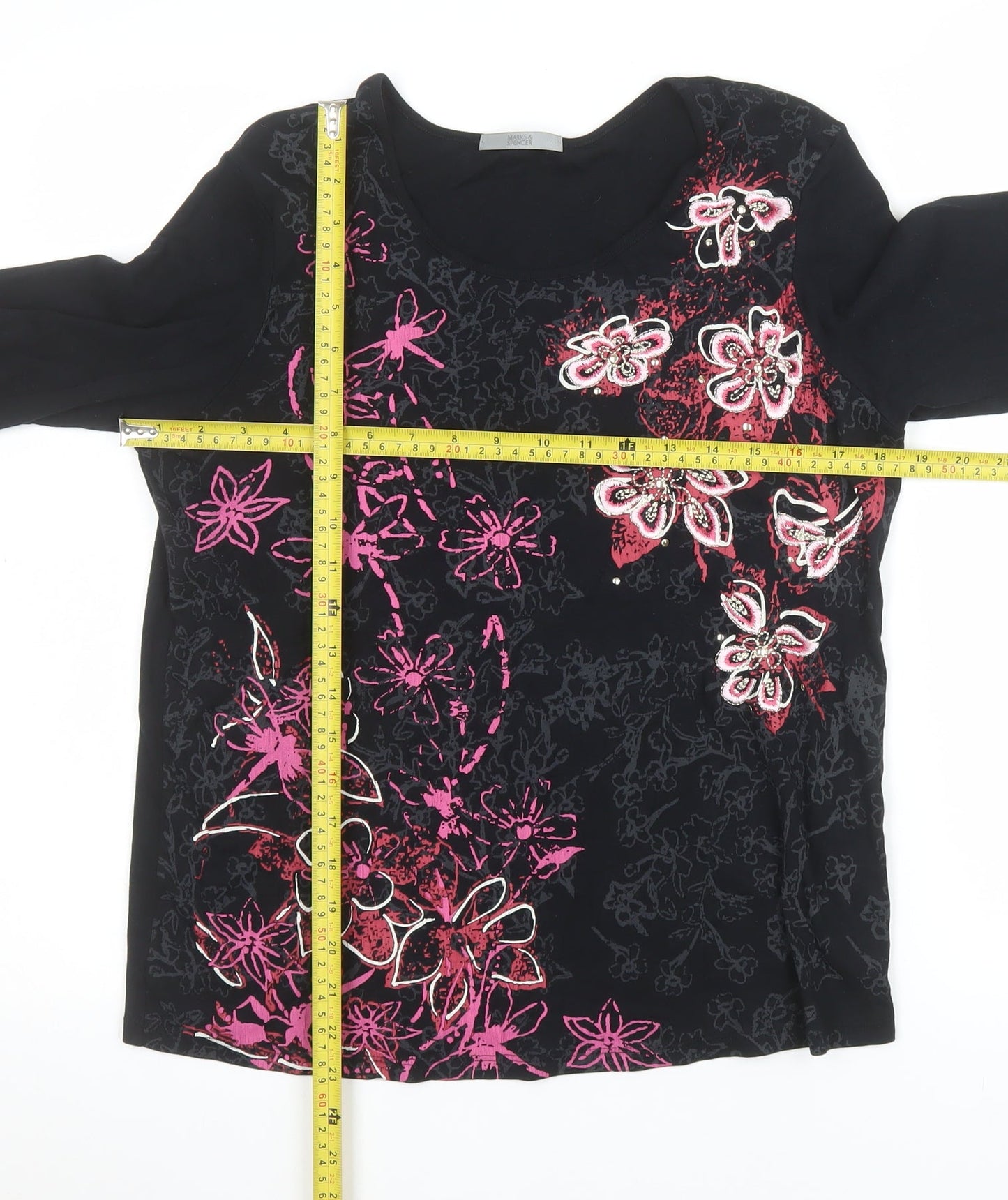 Marks and Spencer Women’s Black Floral Beaded Long Sleeve Cotton Top Size 14
