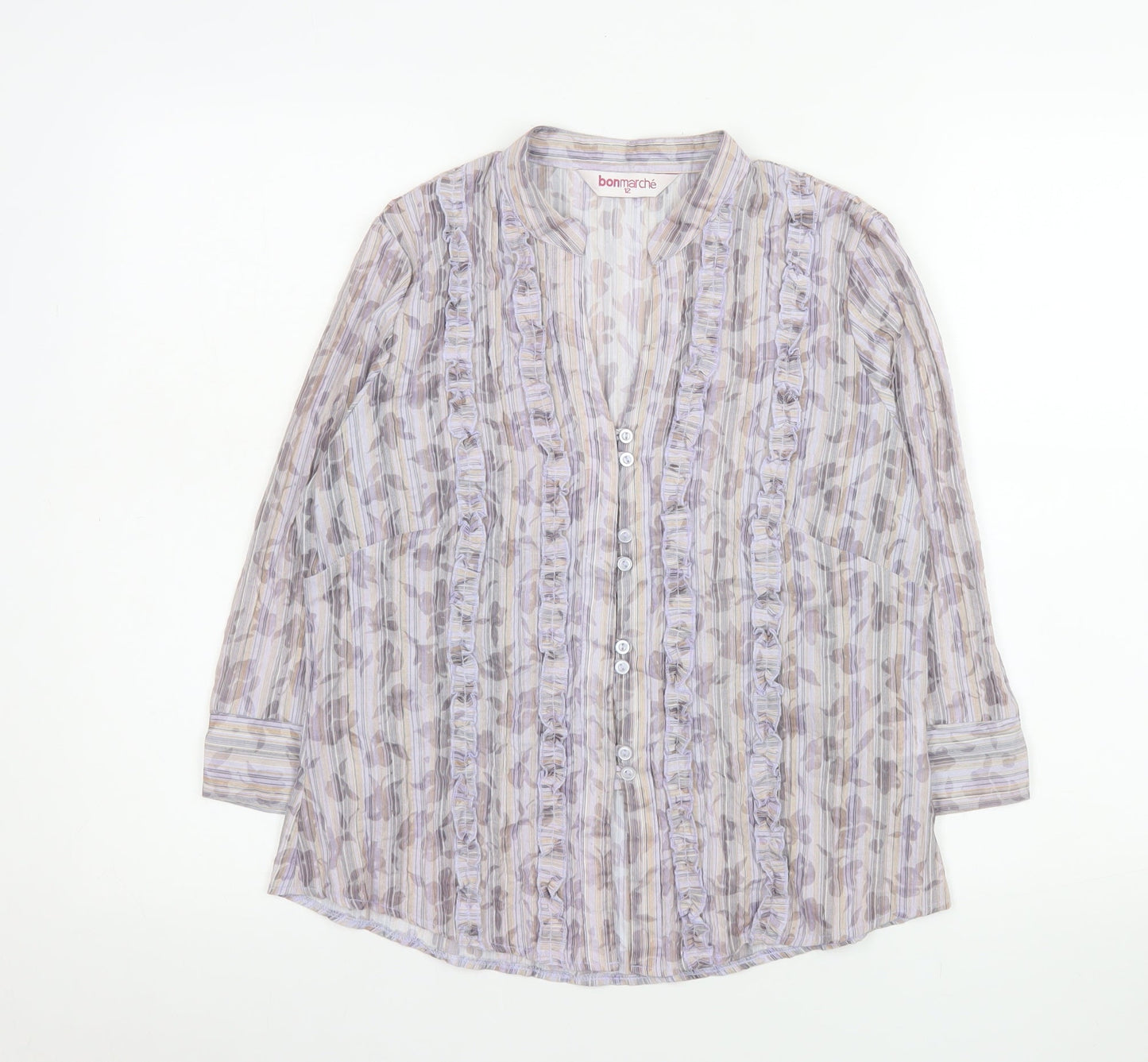Bonmarché Women’s Multicoloured Ruffle Button 3/4 Sleeve Tunic Blouse Size 12