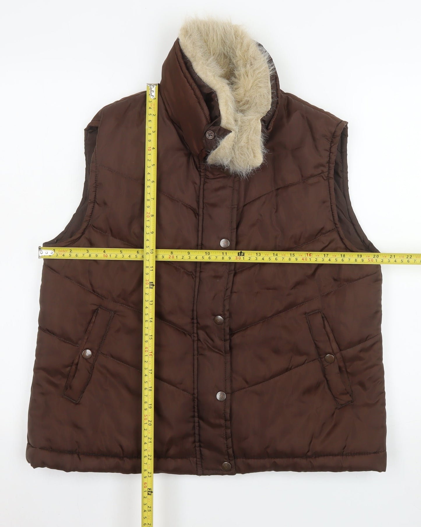 E-vie Women Brown Size 16 Puffer Fur Trim Sleeveless Waistcoat