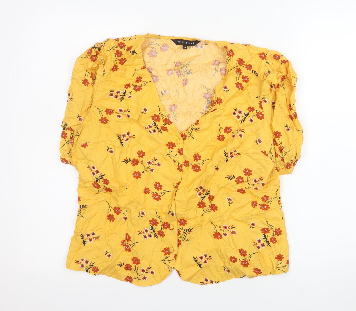 Peacocks Women's Yellow Floral Viscose Tunic Blouse Size 14