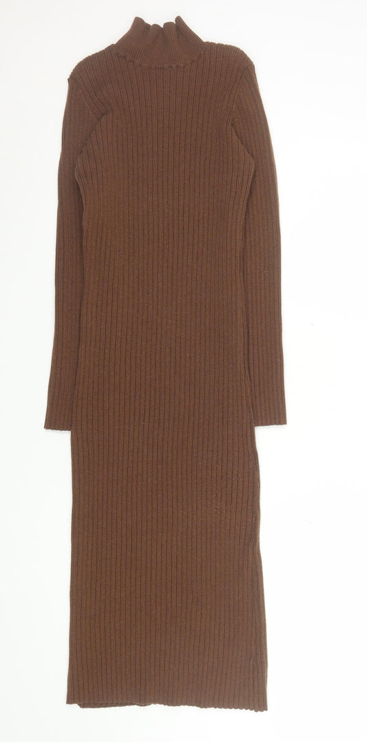 ASOS Women’s Brown Ribbed Knit Roll Neck Bodycon Midi Dress Size 10