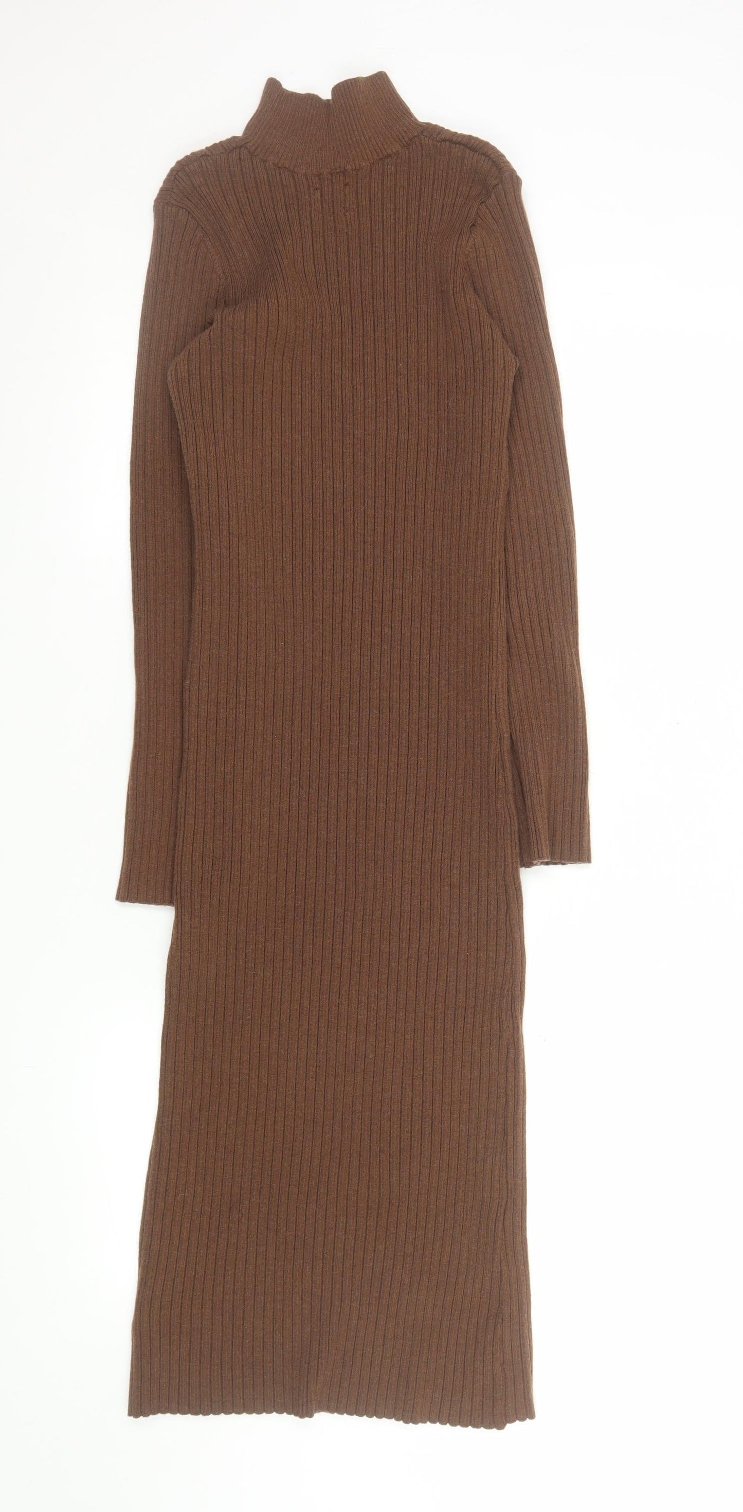 ASOS Women’s Brown Ribbed Knit Roll Neck Bodycon Midi Dress Size 10