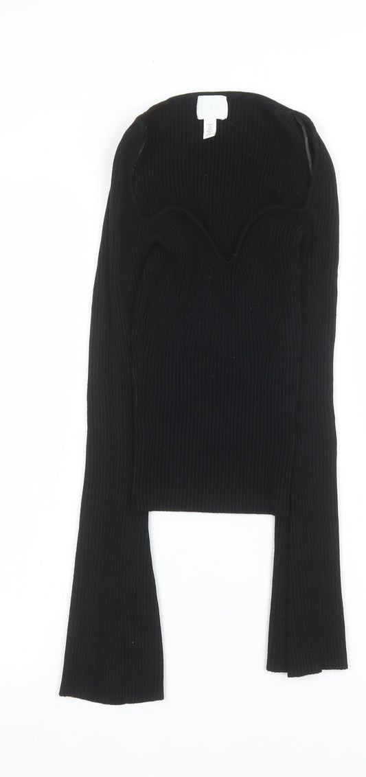 H&M Women’s Black Ribbed Cropped Sweetheart Long Sleeve Top Size S