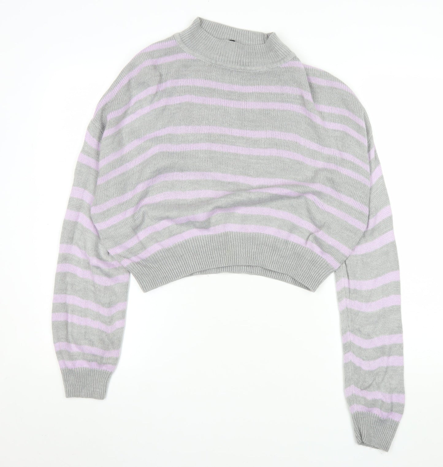 H&M Women’s Grey Pink Striped Mock Neck Jumper Size 12