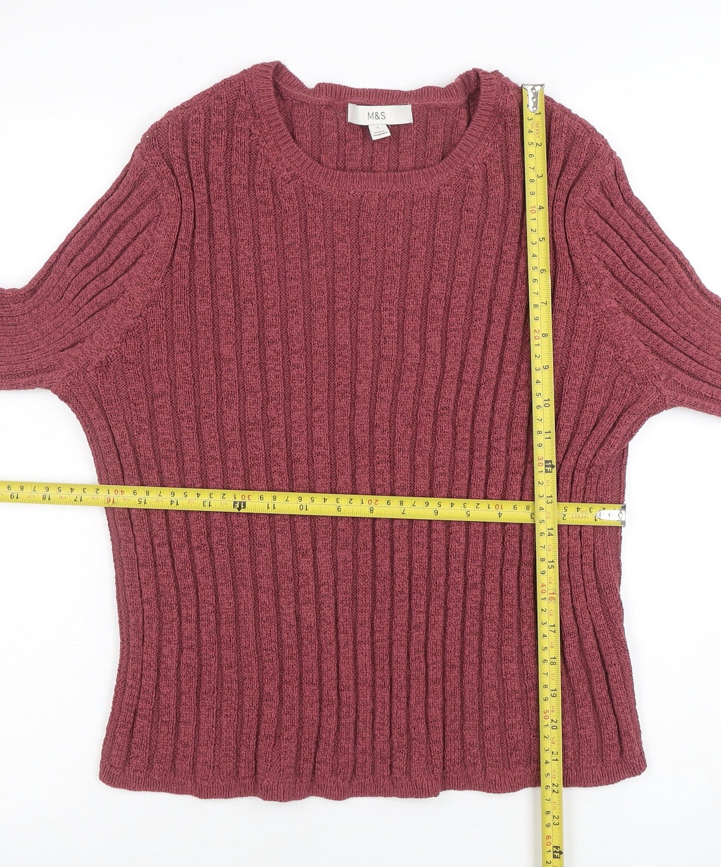 Marks and Spencer Women Purple L Rib Knit Crew Neck Jumper