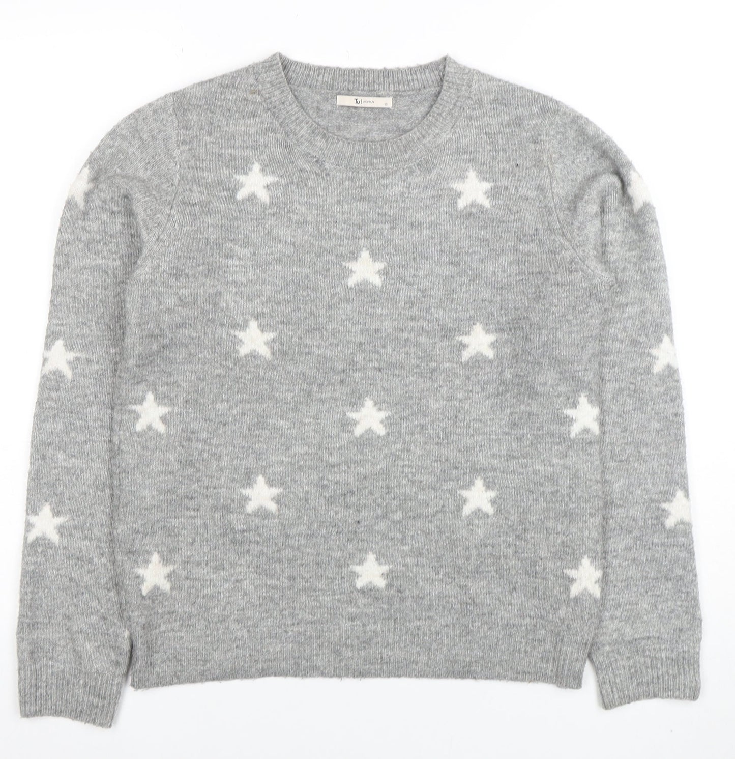 Tu Women Grey Star Knit Crew Neck Jumper Size 10