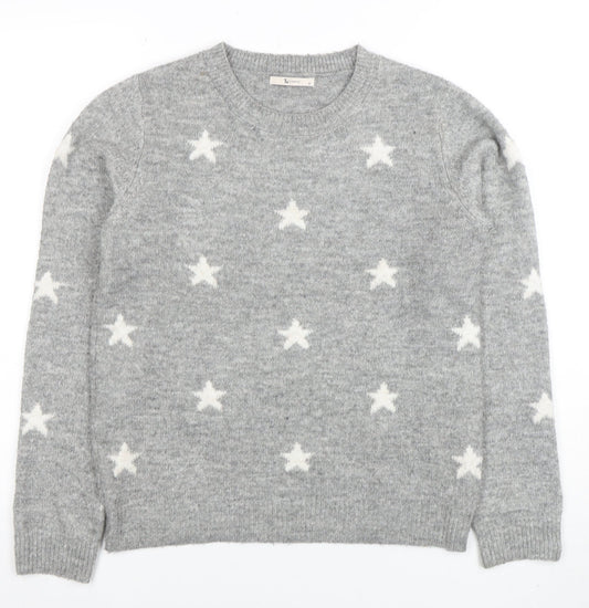 Tu Women Grey Star Knit Crew Neck Jumper Size 10