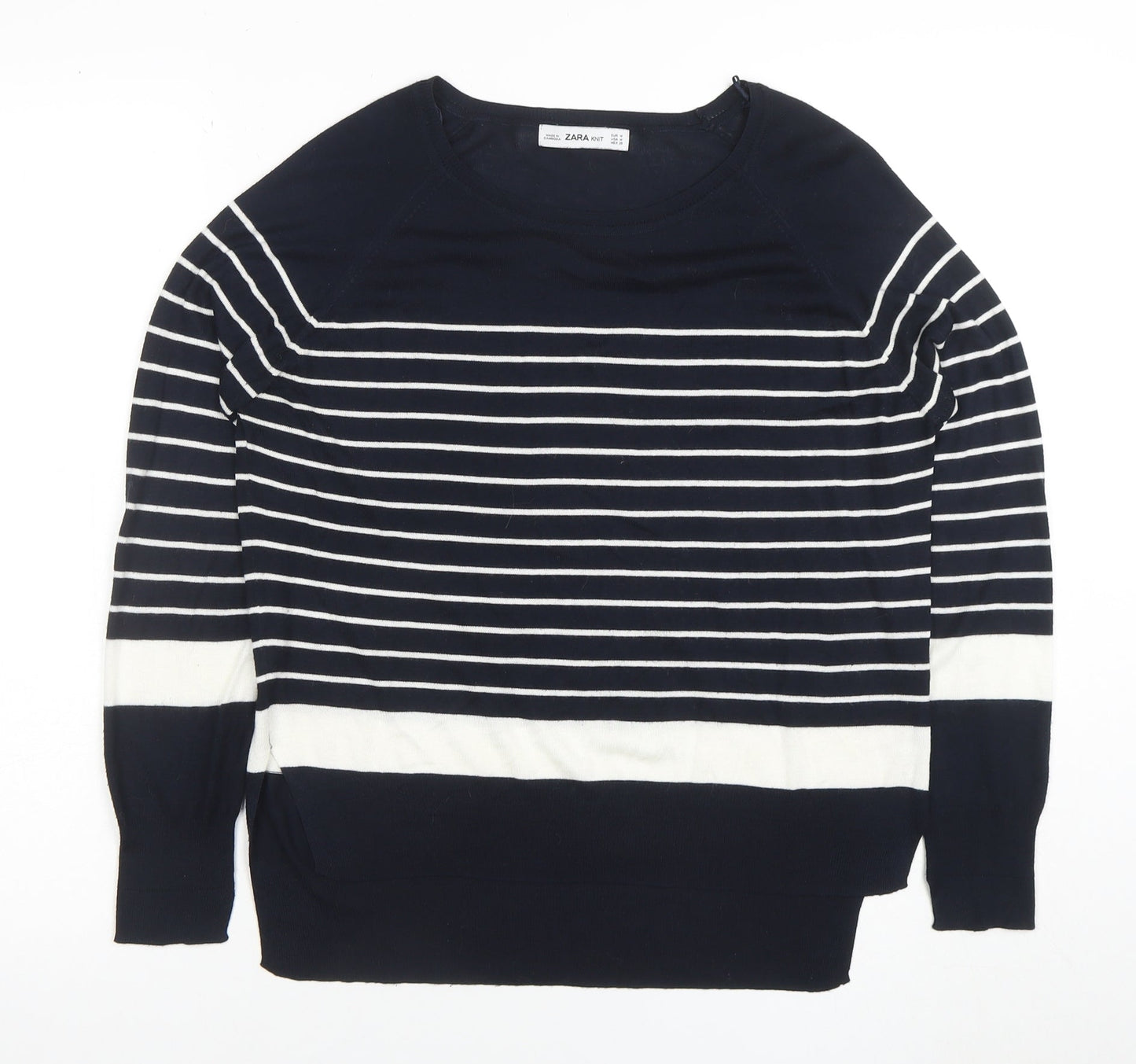 Zara Women Blue Striped Knit Long Sleeve Boat Neck Blouse M