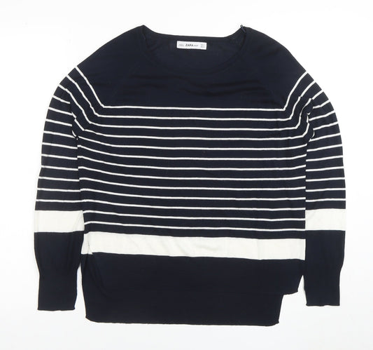 Zara Women Blue Striped Knit Long Sleeve Boat Neck Blouse M