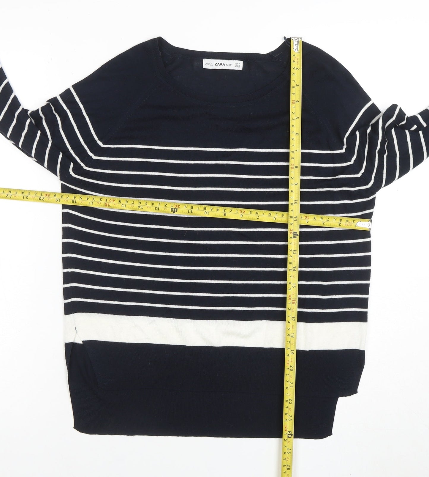 Zara Women Blue Striped Knit Long Sleeve Boat Neck Blouse M