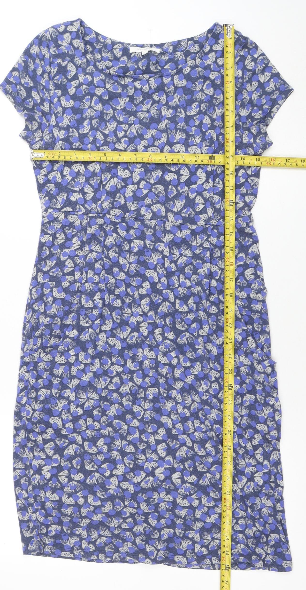 White Stuff Women’s Blue Floral Shift Dress Size 8 Short Sleeve Cotton