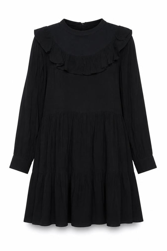Zara Women Black Ruffle High Neck Long Sleeve Shift Dress M