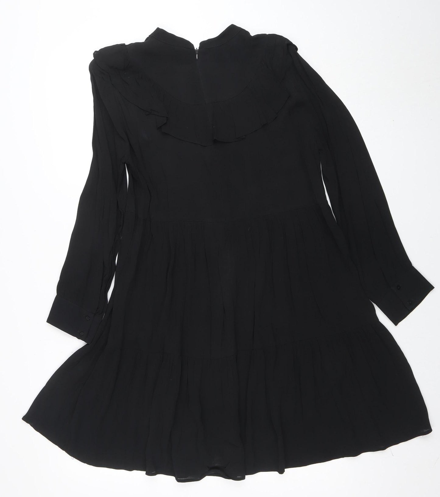 Zara Women Black Ruffle High Neck Long Sleeve Shift Dress M