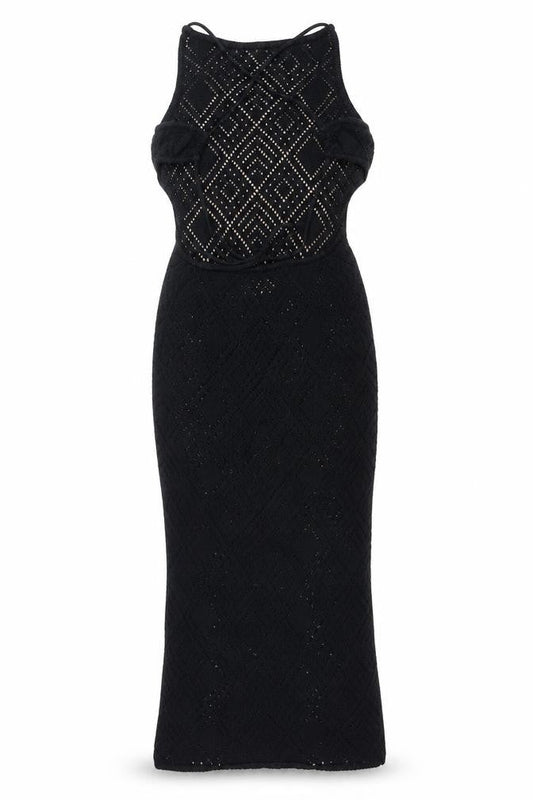 Front view of ASOS women’s black, size UK 8, crochet halter bodycon midi dress