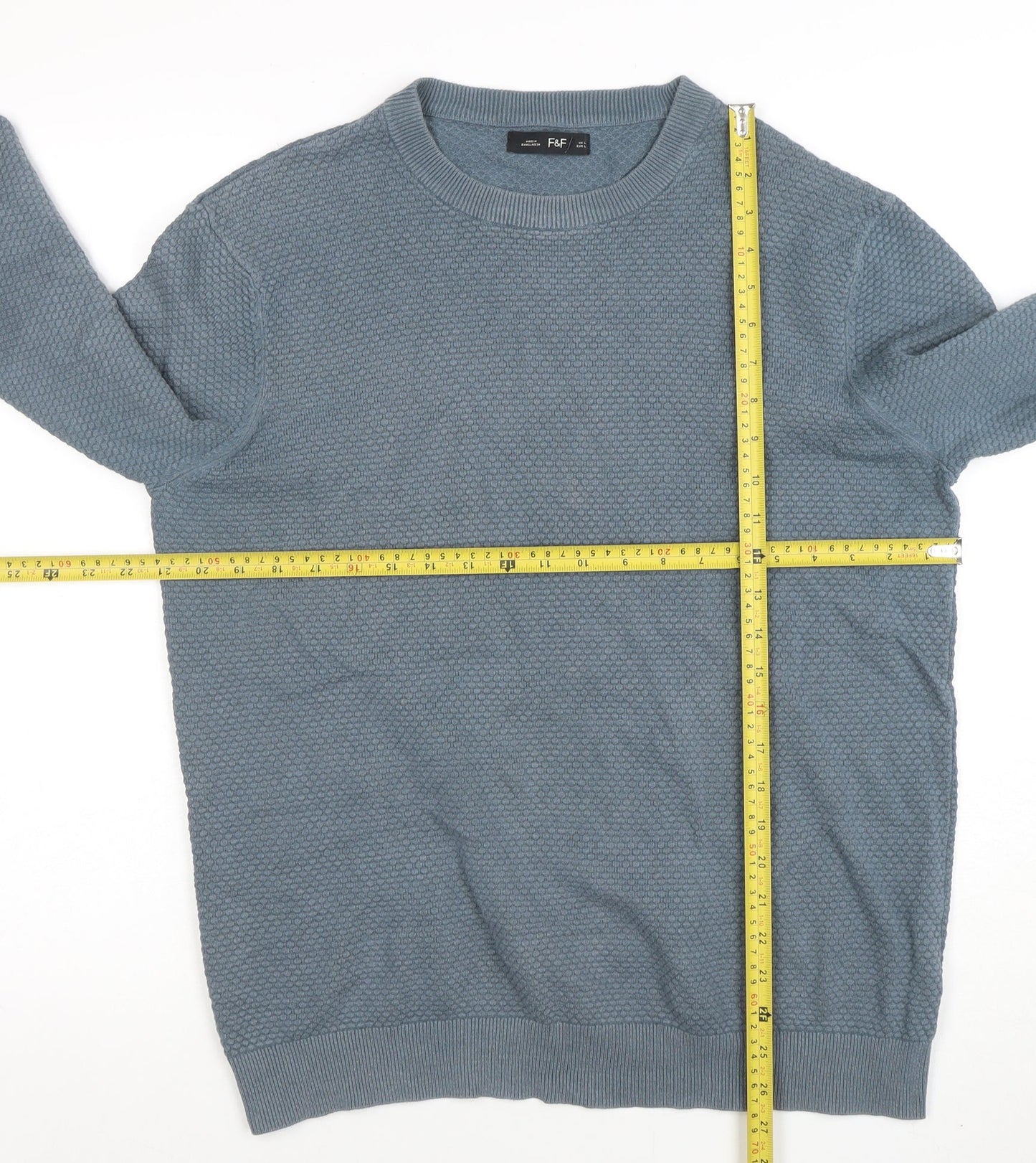 F&F Mens Blue Cotton Blend Textured Knit Crew Neck Jumper Size L