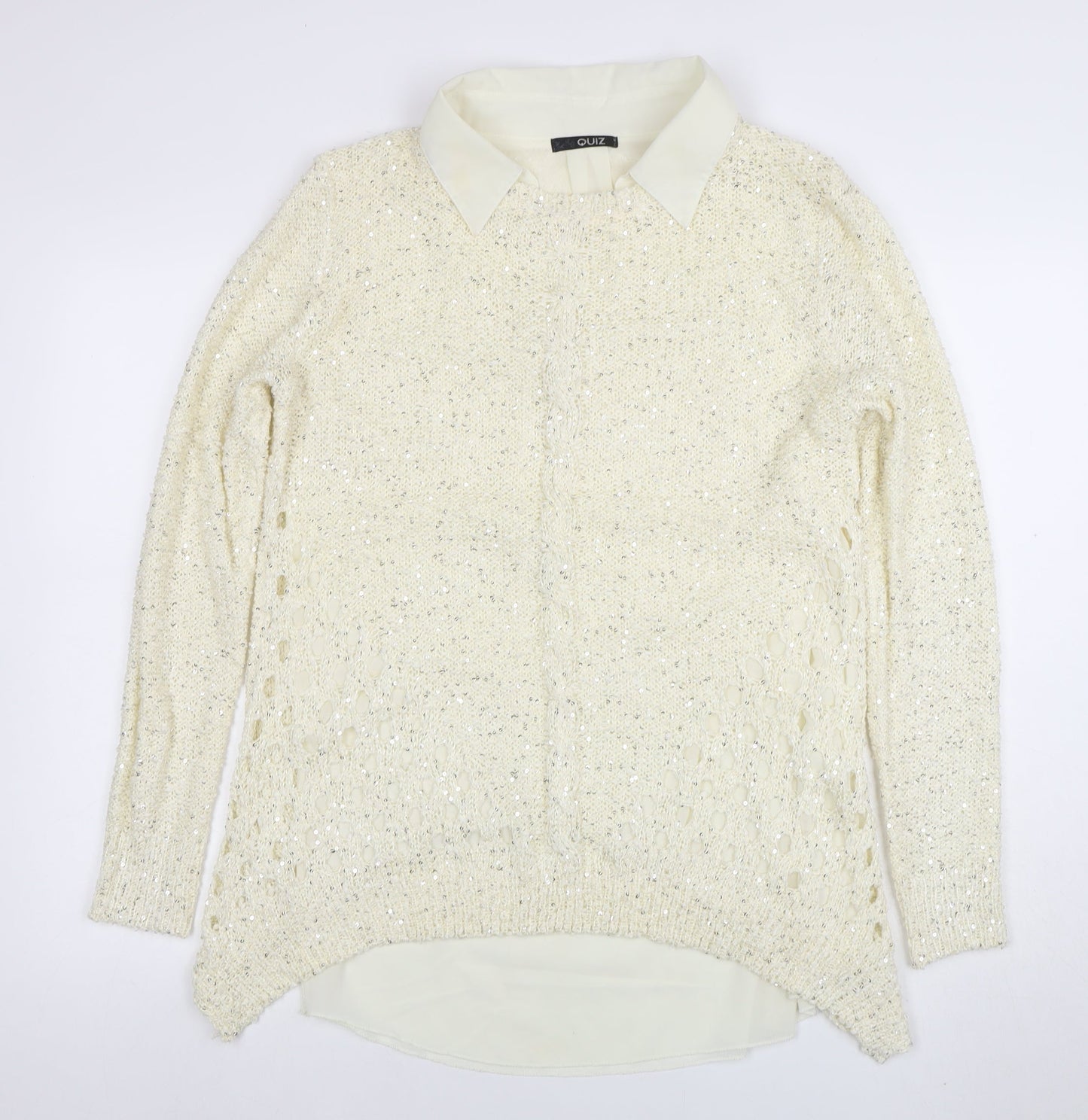Quiz Womens Ivory Collared Sequin Knit Long Sleeve Pullover Jumper Size 16