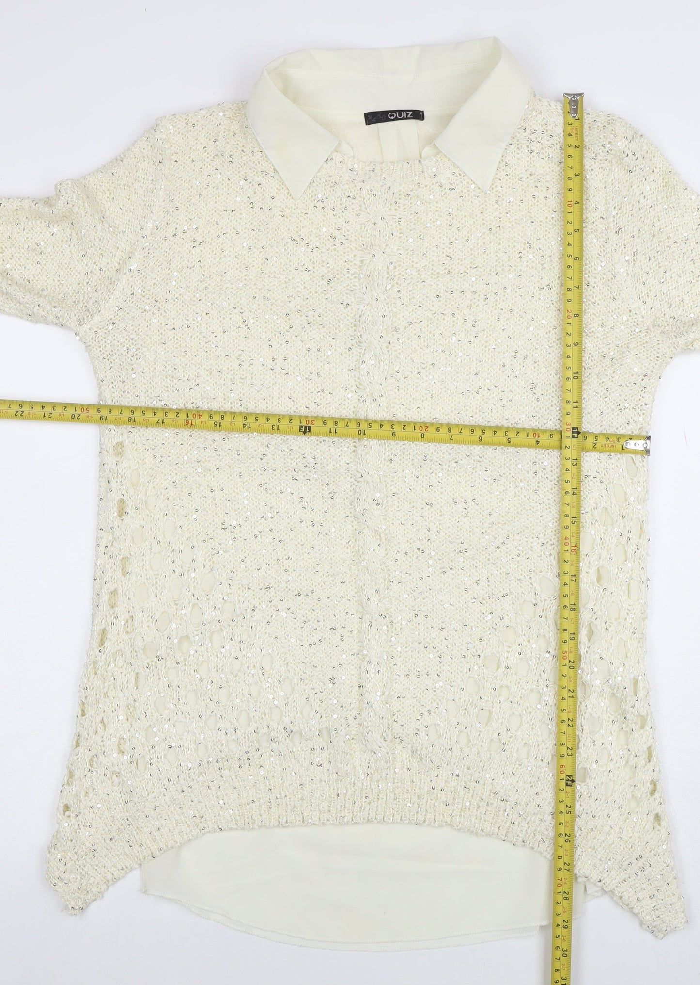 Quiz Womens Ivory Collared Sequin Knit Long Sleeve Pullover Jumper Size 16