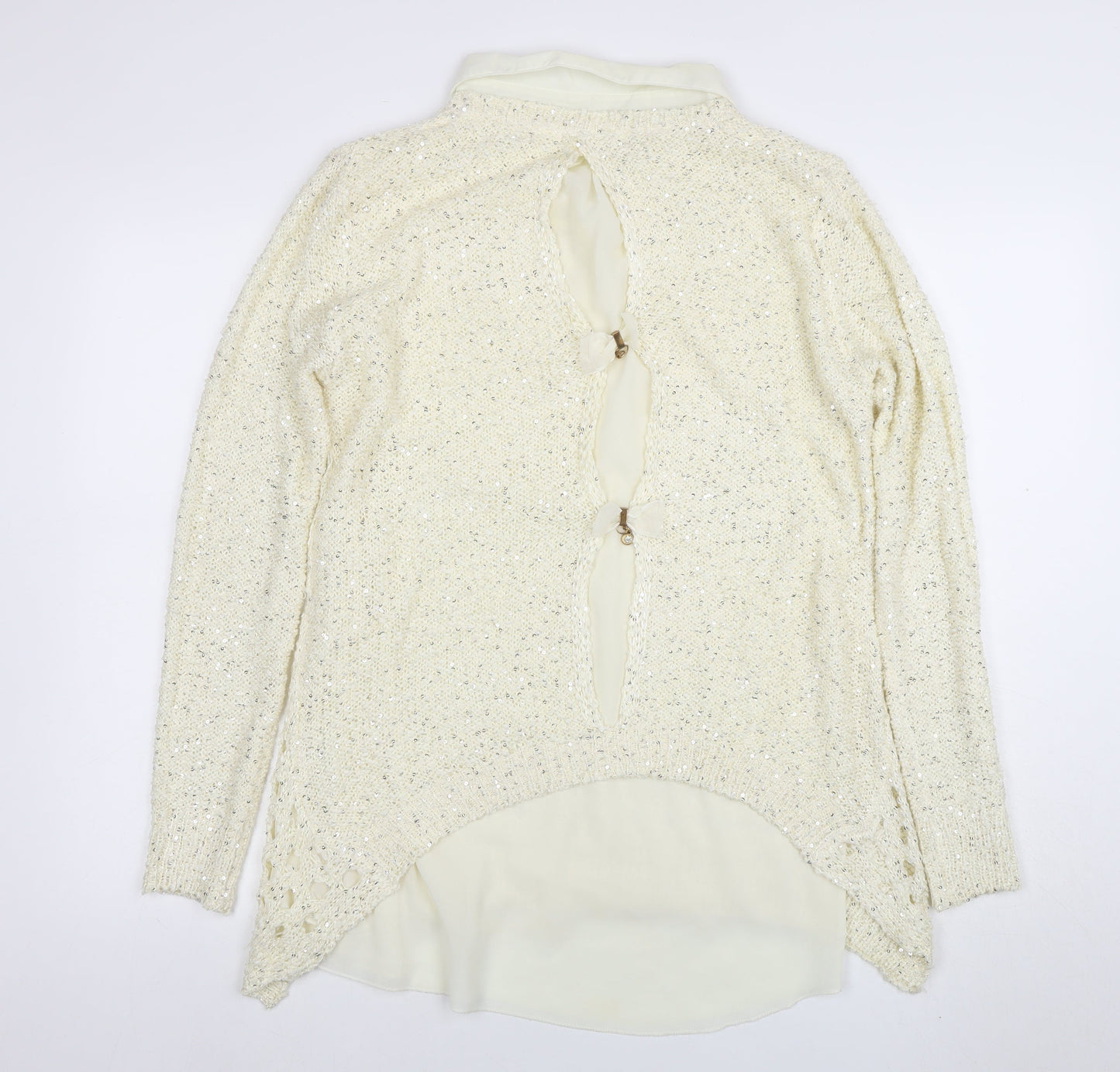 Quiz Womens Ivory Collared Sequin Knit Long Sleeve Pullover Jumper Size 16