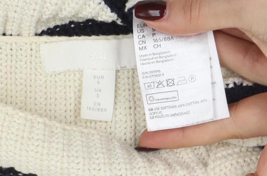 H&M Women Ivory Striped Boat Neck Knit Jumper Size S
